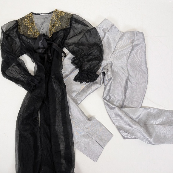 Sheer Lace Robe Maxi Floor Length Front Tie Ribbon 3/4 Sleeve Balloon Sleeve - Picture 2 of 5